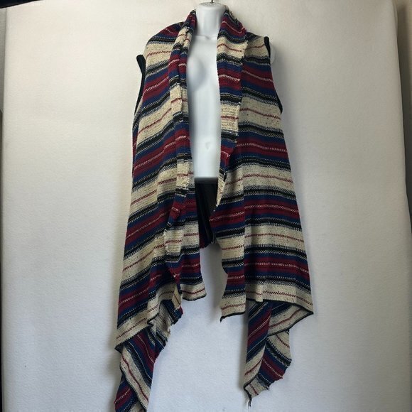 SAM EDELMAN poncho women L red blue striped waterfall Shawl‎ open front Sweater - Picture 1 of 6